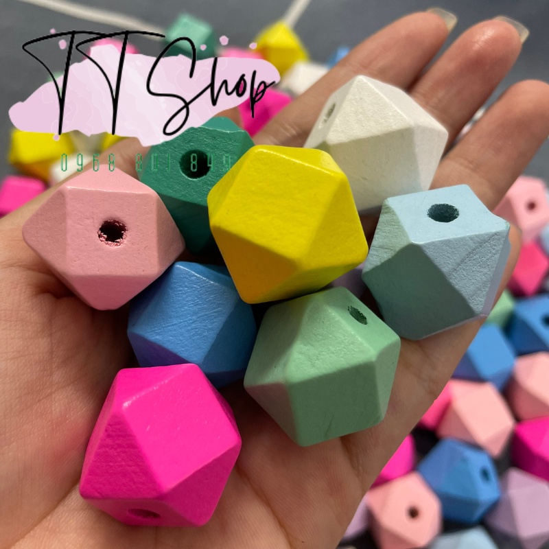 Hạt gỗ đa giác handmade kích thước 20mm trang trí làm macrame, decor, màu mộc, mix nhiều màu | TT Shop