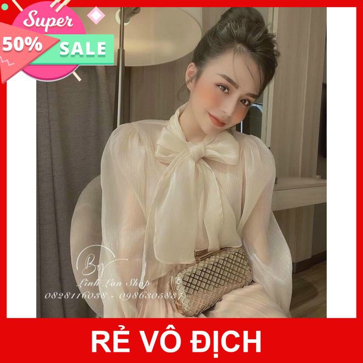 Xả kho, Áo sơ mi tay bồng cổ nơ tiểu thư 2 lớp mặc đi chơi, đi làm cực xinh,Áo sơ mi công sở nữ đẹp kiểu Hàn Quốc form