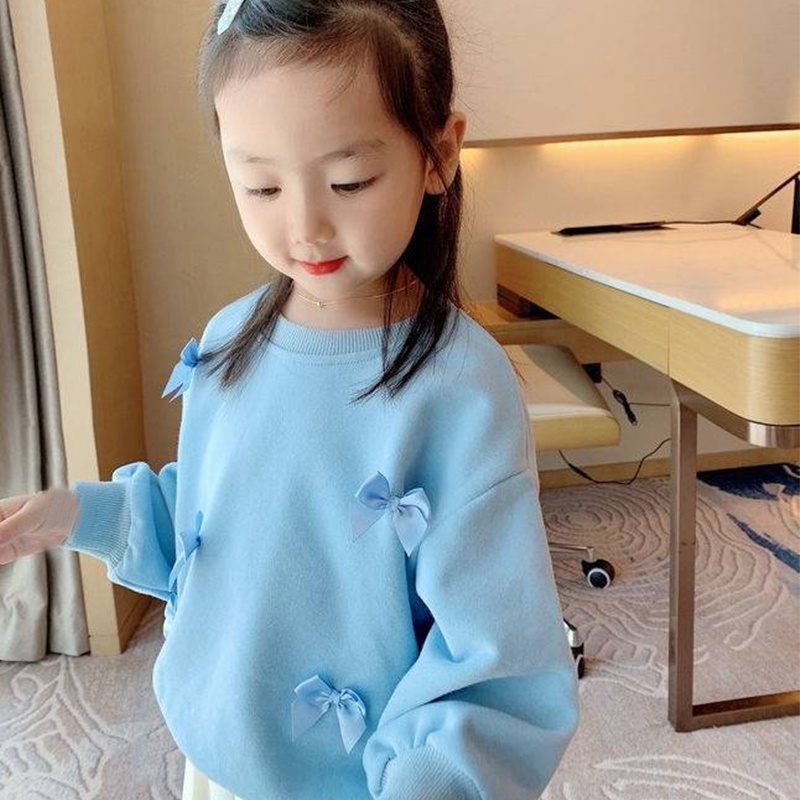 Áo sweater tay dài đính nơ thiết kế ngọt ngào thời trang mùa thu cho bé gái