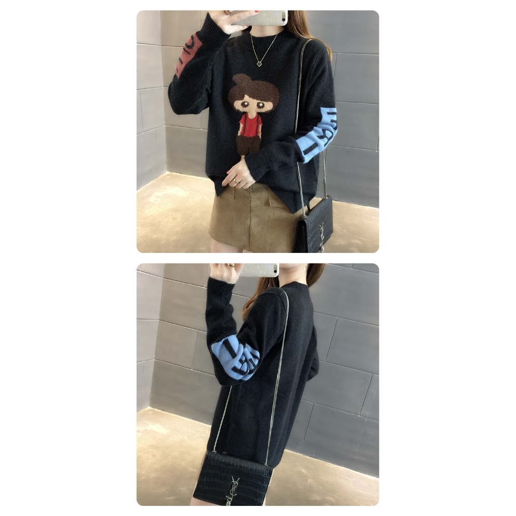 Áo len dài tay họa tiết hoạt hình phong cách Hàn Quốc xinh xắn cho nữ | BigBuy360 - bigbuy360.vn