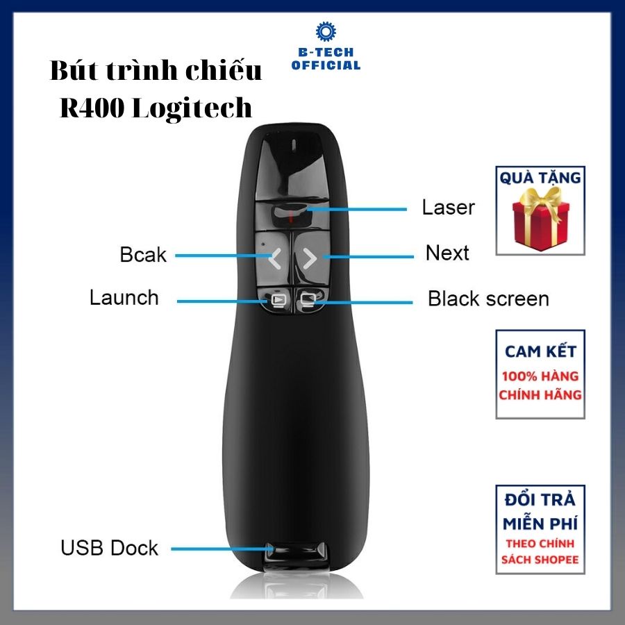 Bộ Bút Trình Chiếu Thuyết Trình Model R400 Tương Thích Tốt Cho Win 10 Có Tặng Pin