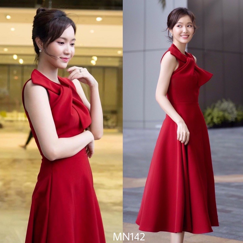 Đầm dự tiệc đầm sang trọng xoè đầm đỏ xoắn nơ ngực đi chơi dạo phố sang trọng MN142 - Đầm Váy Mina