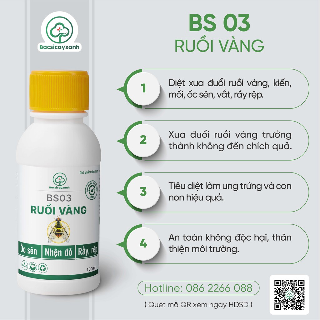 Diệt ruồi vàng hiệu quả BS03 -  Chuyên diệt, xua đuổi ruồi vàng, kiến, mối, nhện đỏ, rầy rệp các loại - 100ml