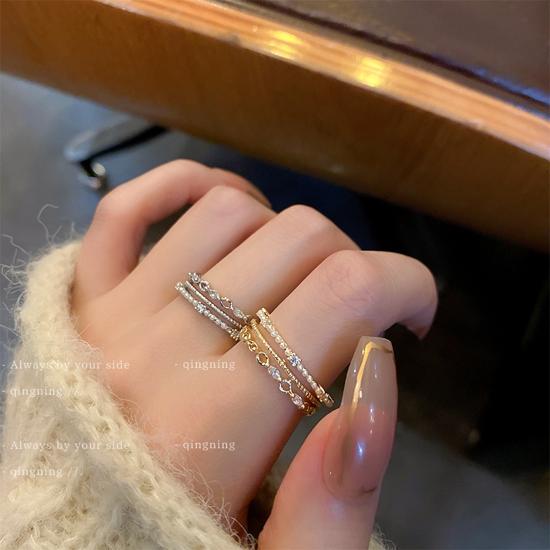 DREJEW Nhẫn nhiều lớp ngọc trai zircon khạm ngọc trai siêu nhỏ đơn giản phong cách Hàn Quốc thời trang