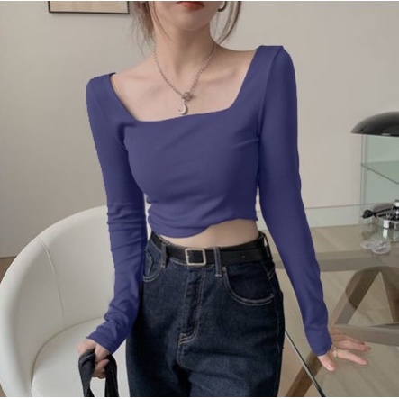 Áo cổ vuông croptop nữ dài tay Madela ôm dáng co giãn tốt-ACTDT01