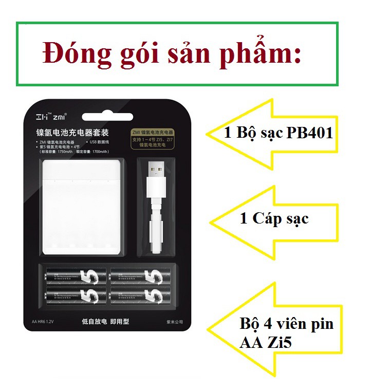 Bộ sạc pin AA/AAA Xiaomi PB401 kèm Pin sạc AA Xiaomi Zi5