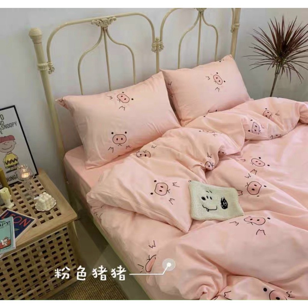 Bộ chăn ga gối Cotton Poly chăn ga Hàn Quốc heo hồng đáng yêu đủ size miễn phí bo chun