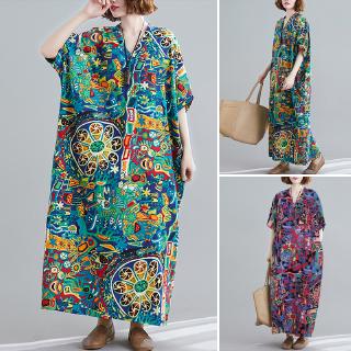 Đầm Maxi Ngắn Tay In Họa Tiết Vintage Thời Trang Cho Nữ
