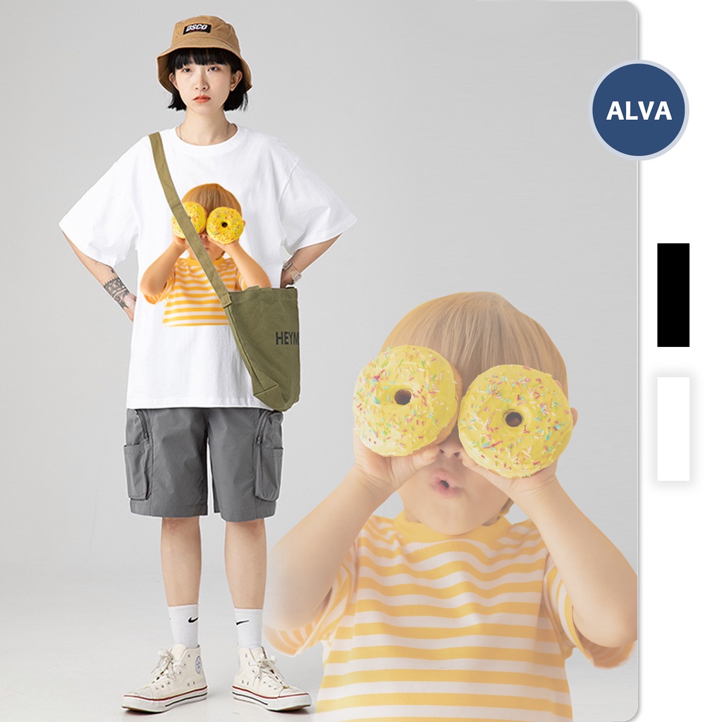 Áo Thun Oversize Nam Nữ Unisex Tay Lỡ Form Rộng Chất Liệu Cotton ADLV Mẫu Baby Donut - ALVA Đen - Trắng