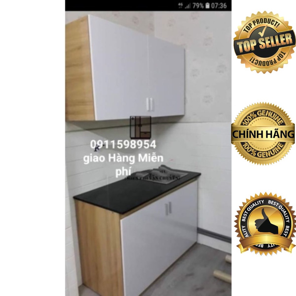 Tủ bếp trên dưới nhựa Đài Loan có bồn vân gỗ nhạt, mặt bếp dán gach men. Thiết kế hiện đại, sang trọng.