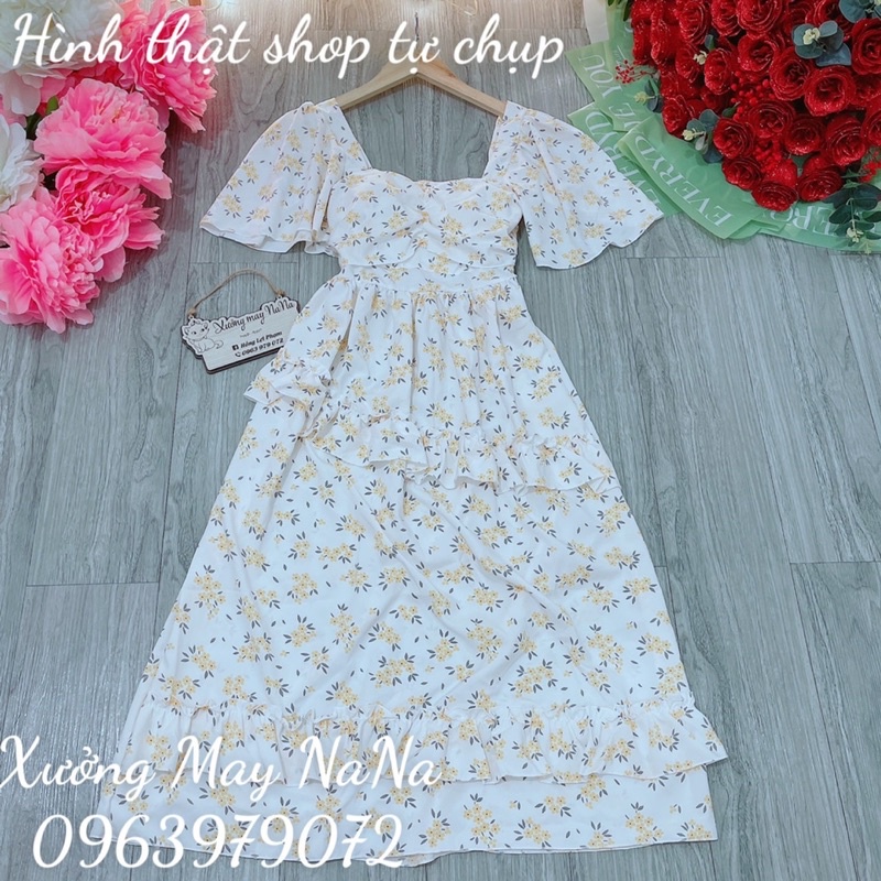 Đầm cổ vuông bèo tầng siêu hot