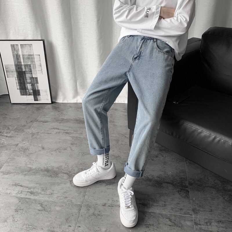 Quần jean AOKANG ống suông màu xanh dương và đen thoải mái cho cặp đôi