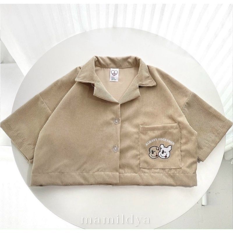 Áo Sơ mi Cổ vest croptop nhung gân thêu hình - PC