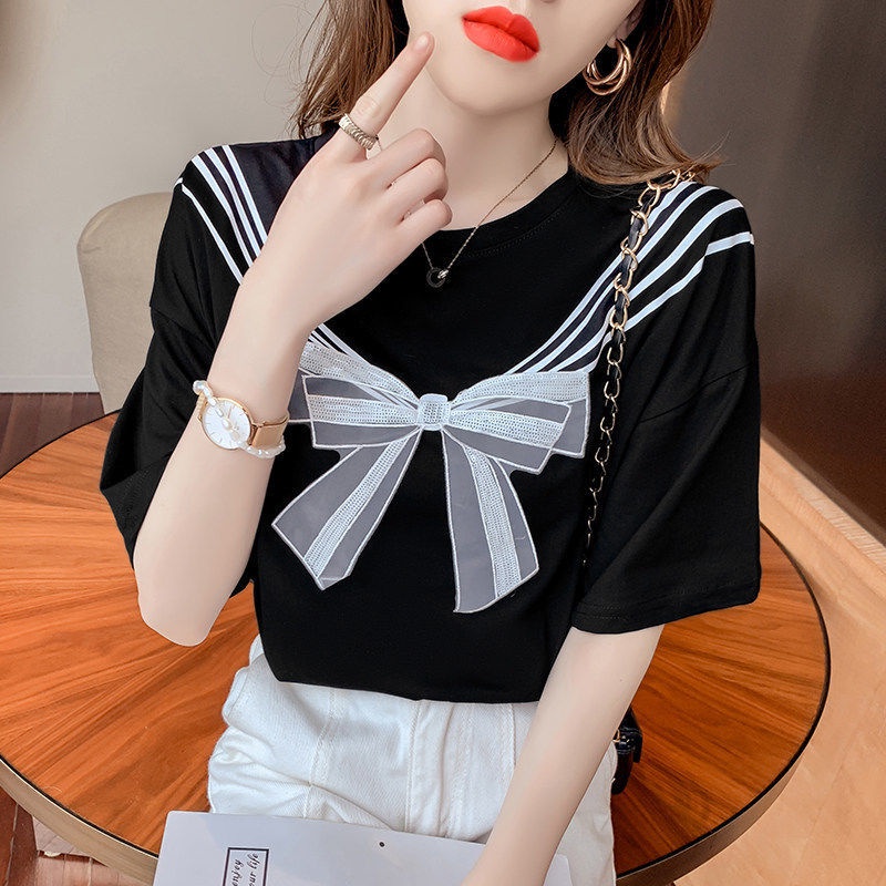 Áo thun IELGY màu trắng/ đen tay ngắn cổ tròn dáng rộng thắt nơ dễ thương cho nữ