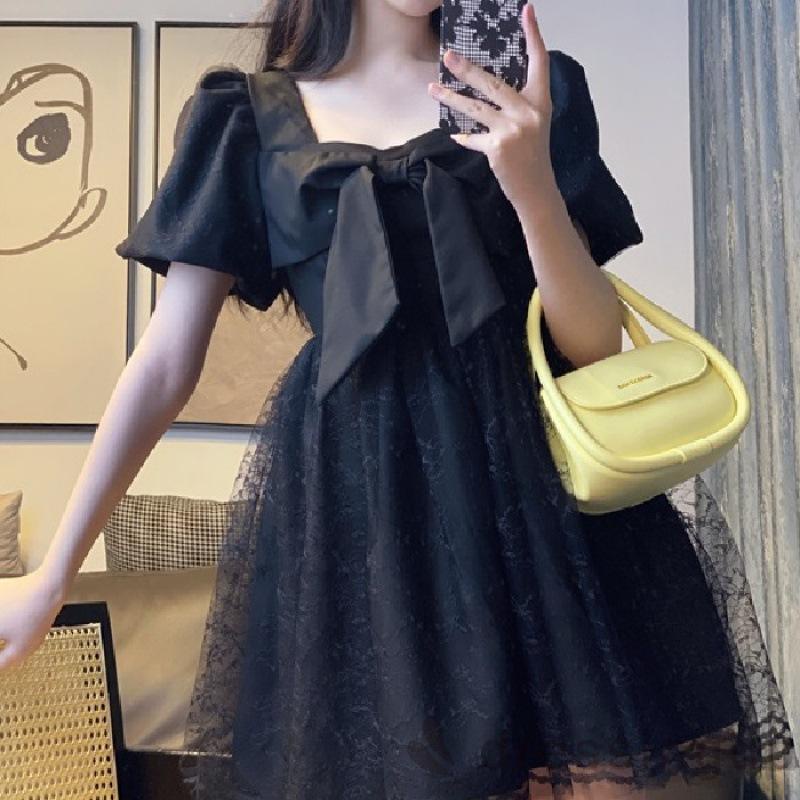 DRE-Ladies Casual Short Dress, Sweet Style Solid Color Square Collar Mesh Splicing Puff Short Sleeve Bow Dress