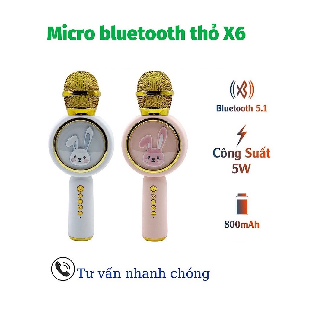 Mic Hát Karaoke Bluetooth/ Micro thỏ X6 Không Dây Thiết kế thông minh