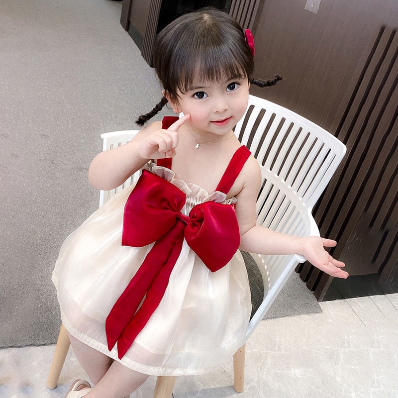 Đầm Công Chúa Sát Nách Đính Nơ Xinh Xắn Cho Bé Gái 1-3 Tuổi