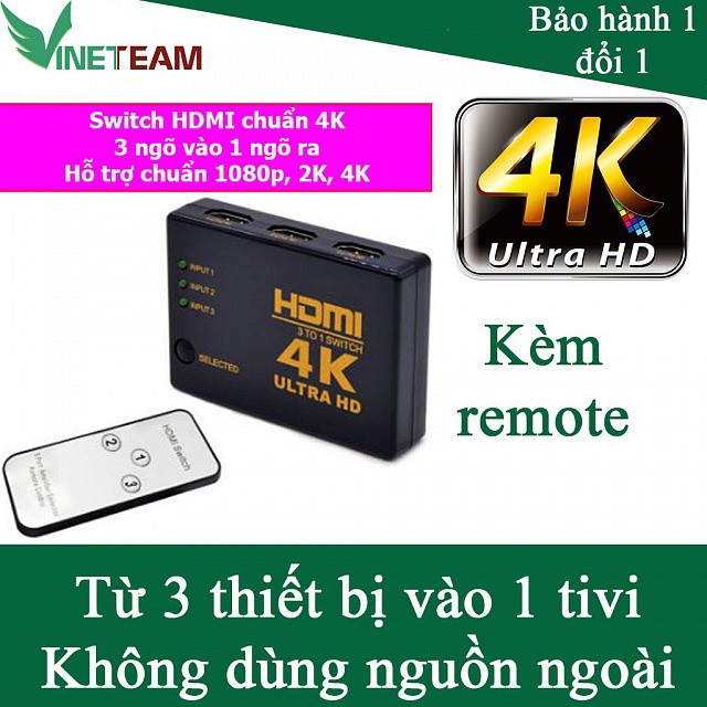 (SIÊU GIẢM GIÁ) Switch HDMI 4k hỗ trợ từ 3x1 hỗ trợ 3 ngõ vào như DVD, Android box, PC ra 1 cổng HDMI tivi -dc3145