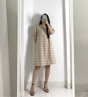 [Ảnh thật] Váy kẻ cổ cao tay bồng (be, nâu đỏ)_