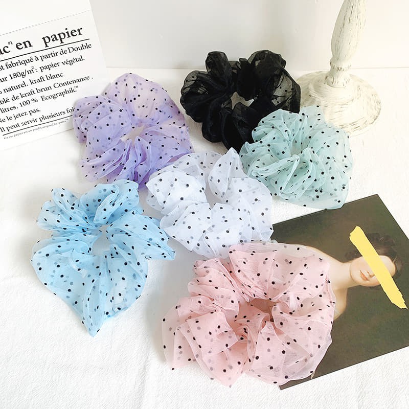 Dây buộc tóc vải voan chấm bi scrunchies bản to
