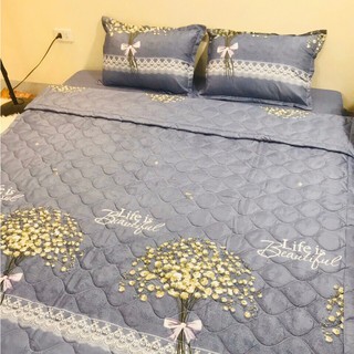 Sét Đủ 5 món ga gối chăn hè trần bông 2 vỏ gối và vỏ gối ôm mẫu HOA BABY
