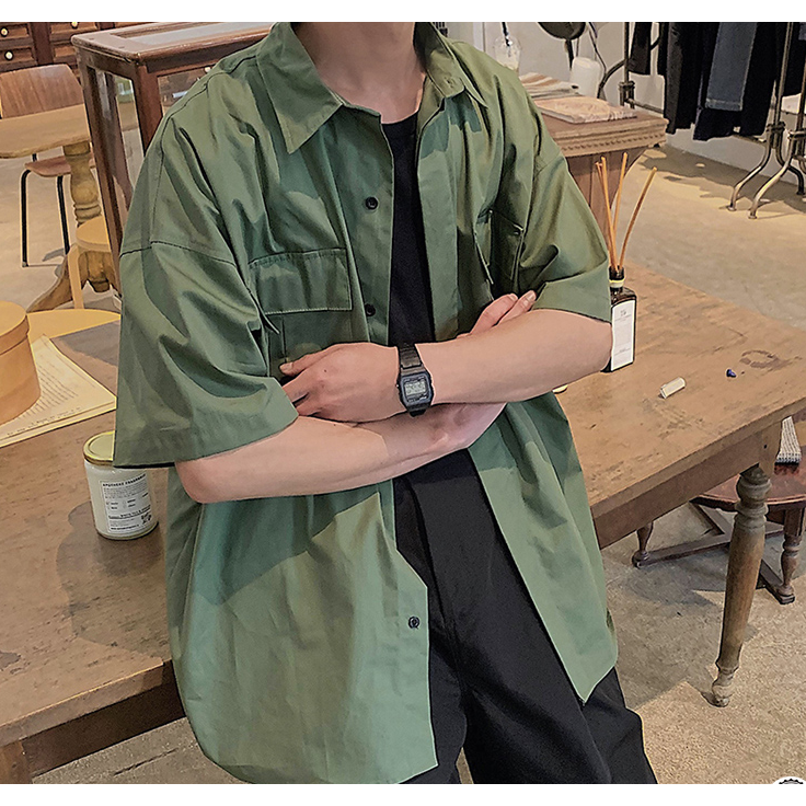 Áo sơ mi tay ngắn dáng rộng thiết kế nhiều túi phong cách thời trang dành cho nam