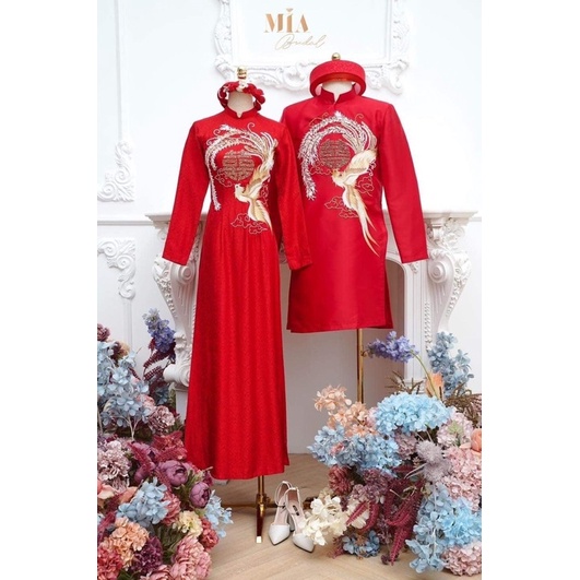 Áo dài cặp dâu rể màu đỏ chất liệu vải gấm sốp và gấm tơ tốt nhất được thêu rất tinh tế…