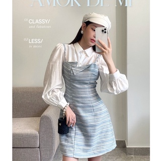 Đầm dạ tweed phối tơ thiết kế by LYRA, váy dạ phối kẻ xanh phối tơ trắng tay bồng sang chảnh-LWTVD365