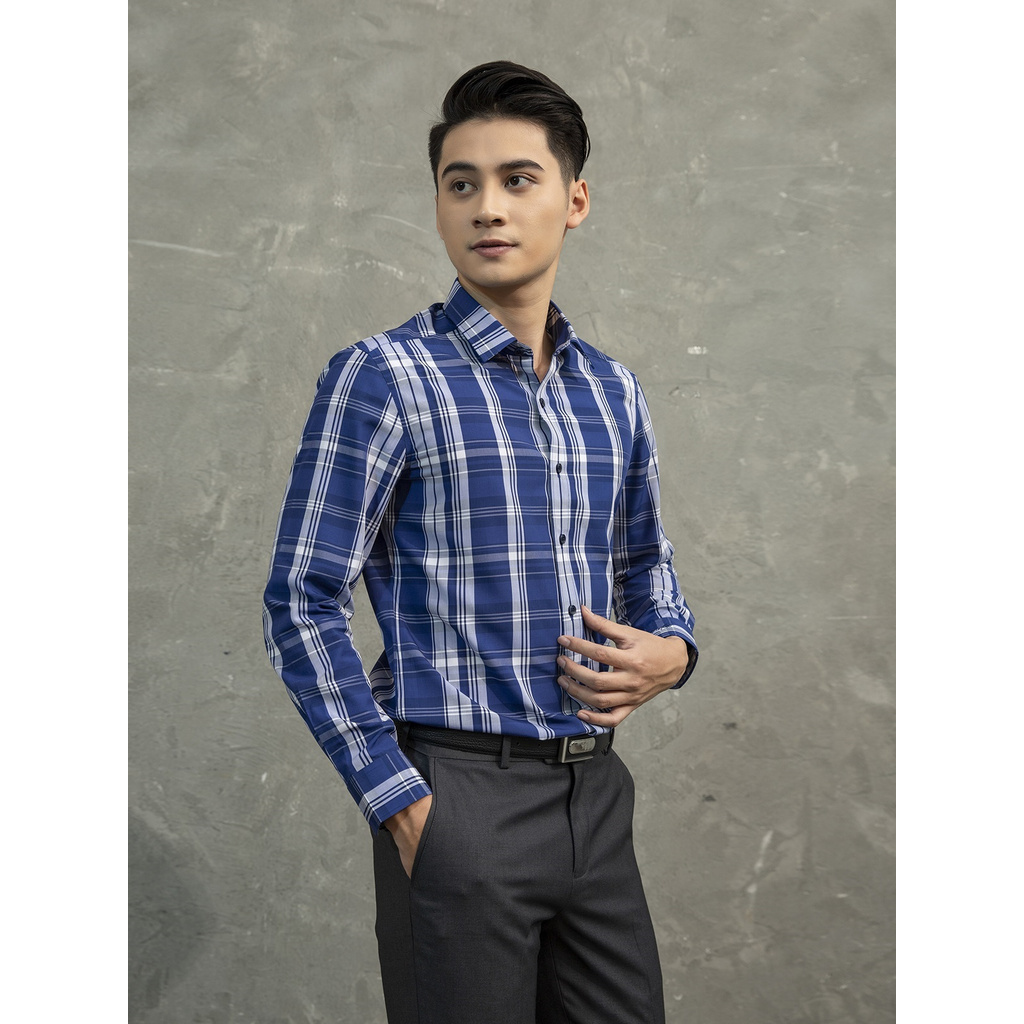 Áo Sơ Mi Nam Dài Tay ARISTINO ALS02101 Somi Công Sở Cao Cấp Màu Xanh Tím Than Kẻ Trắng Vải Sợi Sồi Dáng Ôm Không Túi