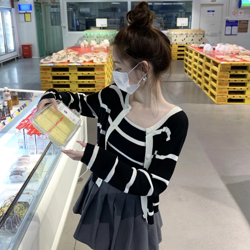Áo cardigan ZHELIHANGFEI dệt kim lưng cao họa tiết kẻ sọc trẻ trung
