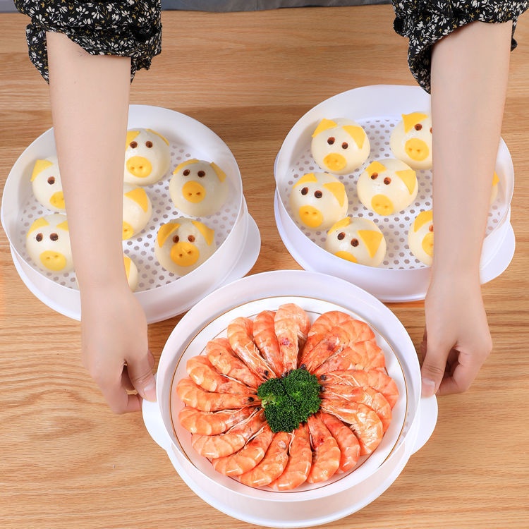 Nồi hấp hai tầng bằng nhựa hình tròn có nắp đậy có thể dùng trong lò vi sóng phong cách châu Âu