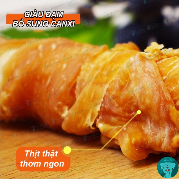 [THANH GẶM 26CM]Làm Sạch Răng Miệng JFamille, Que Gặm Gà Cuộn Da Bò Nguyên Tấm, Bổ Sung Protein. JF162
