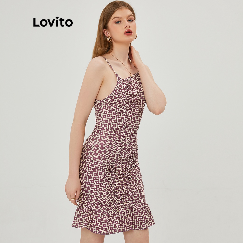 Lovito Đầm Xòe Xếp Nếp Họa Tiết Hình Học Cổ Điển L20E008 (Cà Phê)