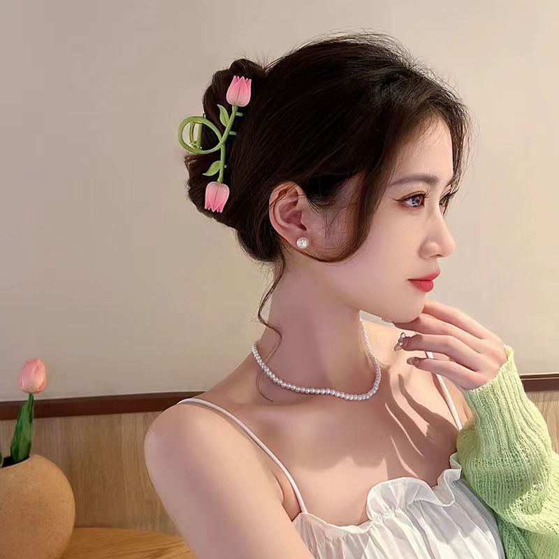 Kẹp Tóc Kim Loại Hình Hoa Tulip Hồng Dễ Thương Thời Trang Nhật Hàn
