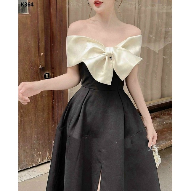 Đầm thời trang nữ mặc đi tiệc chất tapta cao cấp có nơ to trễ vai ôm eo dáng váy xoè