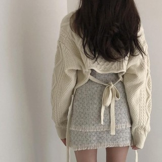 ORDER Set áo len croptop buộc nơ lưng + Chân váy dạ len hai tầng viền ren ulzzang - AL04