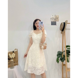 ĐẦM NUDE XẾP LY NGỰC PHỐI NÚT - Hình Shop Chụp Thật