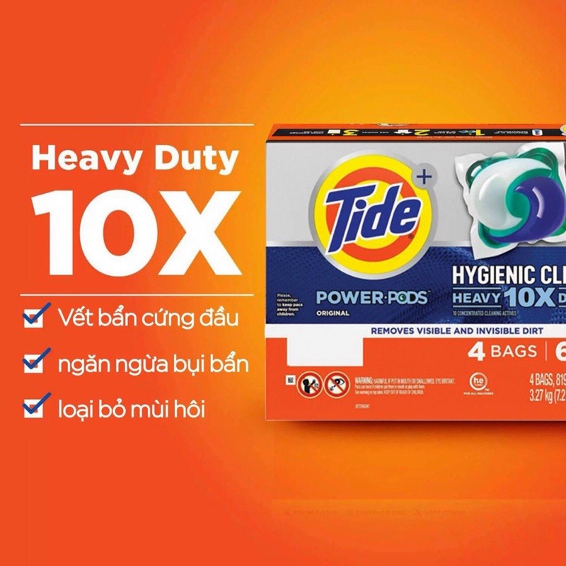 Viên Giặt Tide Laundry Hygienic Clean Heavy 10x Duty Power Pods 1 bịch 17 viên - USA