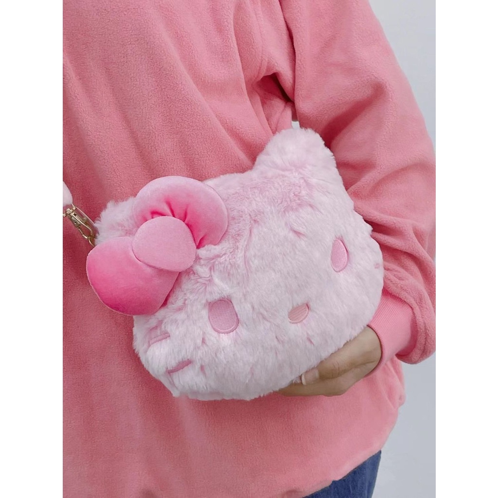 2024 Mới Túi Len Nữ Đeo Ngang Mùa Đông Sang Trọng Hello Kitty Dễ Thương Sang Trọng Một Vai Ba Lô