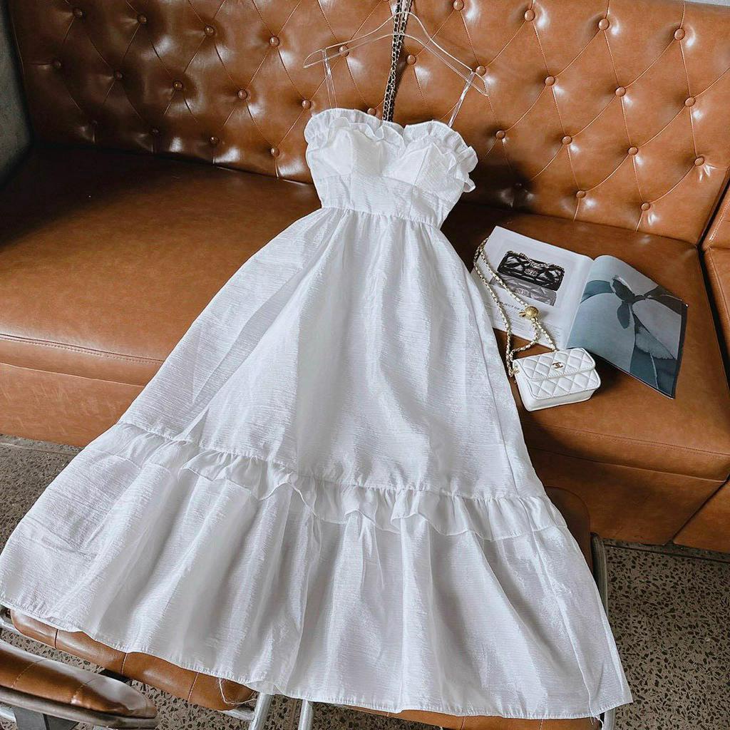 ĐẦM MAXI TRẮNG TRƠN CÚP NGỰC VIỀN BÈO
