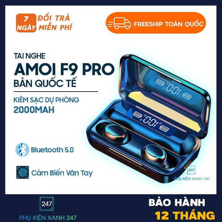 Tai nghe bluetooth 5.0 amoi f9 pro, kiêm sạc sự phọng, bản QUỐC TẾ cao cấp nhất, cảm biến vântay