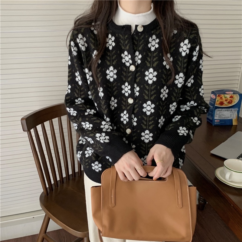 Áo khoác cardigan cổ tròn dáng rộng in họa tiết phong cách Hàn Quốc dành cho nữ