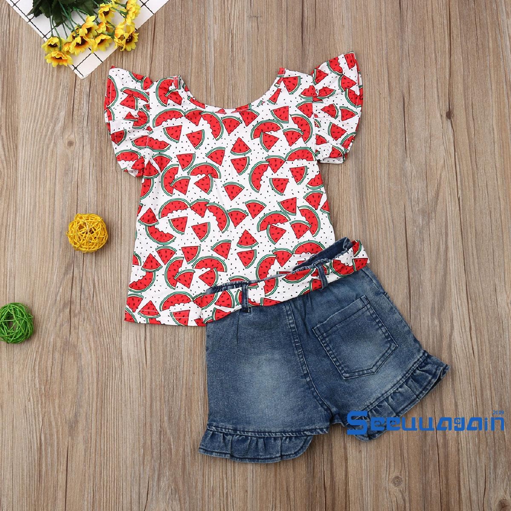 Set Áo Thun Ngắn Tay Cổ Tròn+Quần Short Jeans Thời Trang Cho Bé Gái