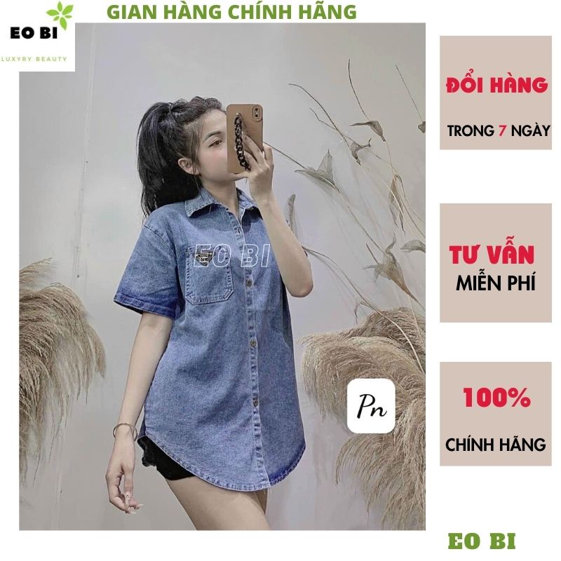 Áo sơ mi jeans bò dáng suông dấu quần trơn có lô gô ở ngực kiểu dáng hàn quốc ulzzang vintage -EOBI