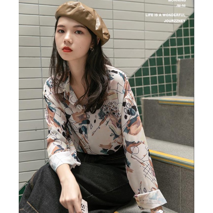 Áo Sơ Mi Tay Dài Dáng Rộng In Họa Tiết Phong Cách Retro Hàn Quốc Cho Nữ