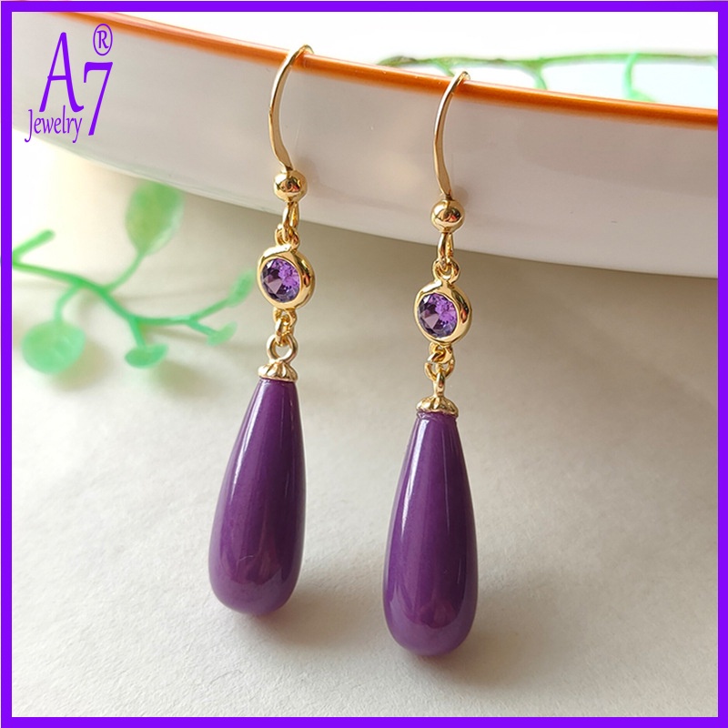 Bông Tai Bạc 925 Hình Giọt Nước Đính Đá Tím Phong Cách Đơn Giản Thời Trang