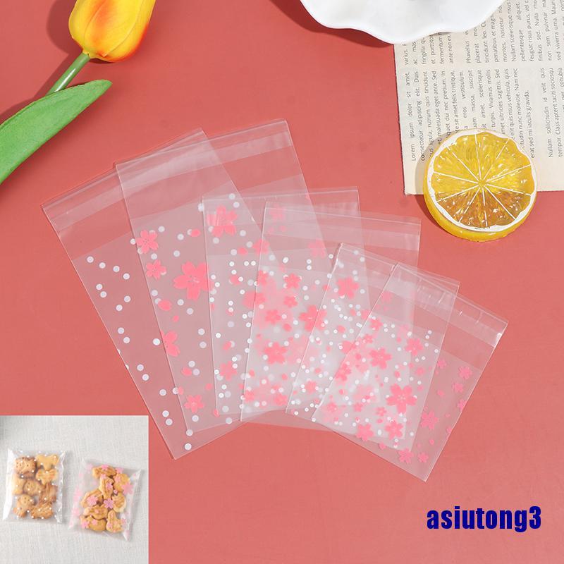 (asiutong3) 100Pcs/Set Dots Cherry Blossoms Cookie Candy Bag Plastic Package Holder Gift