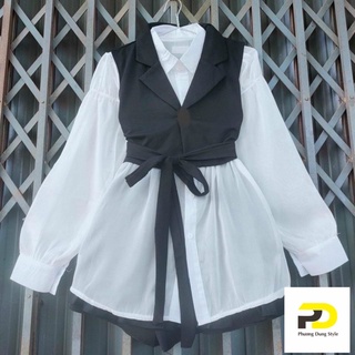 Sét áo sơmi voan phối áo gile croptop