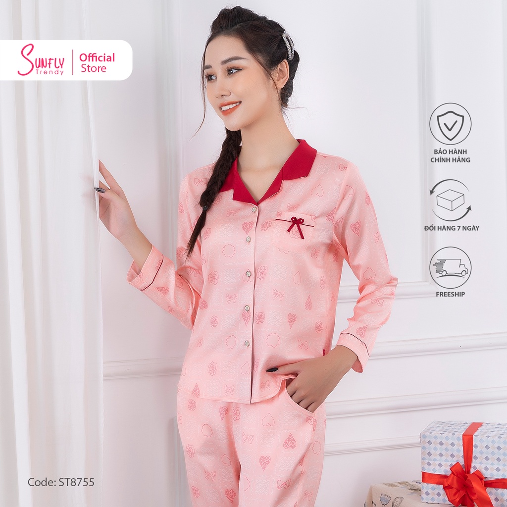 Bộ đồ mặc nhà nữ pijamas lụa SUNFLY áo dài quần dài ST8755