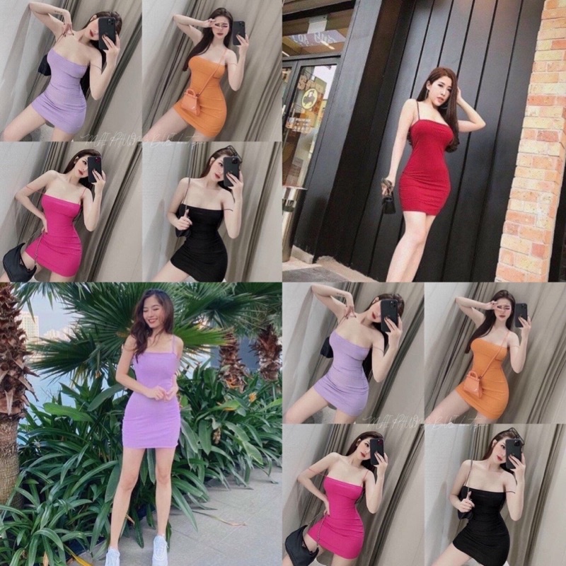 Đầm thun 2 dây ôm body phom ngắn